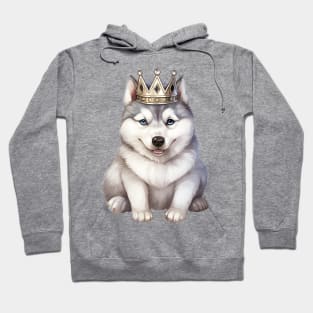 Watercolor Siberian Husky Dog Wearing a Crown Hoodie